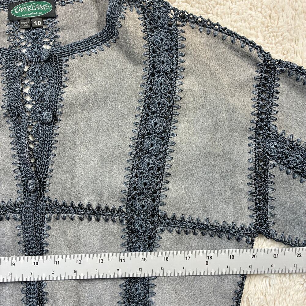 Vintage Overland Jacket Womens 10 Dusty Blue Leather Crochet Patchwork Crop Boho - Picture 5 of 8